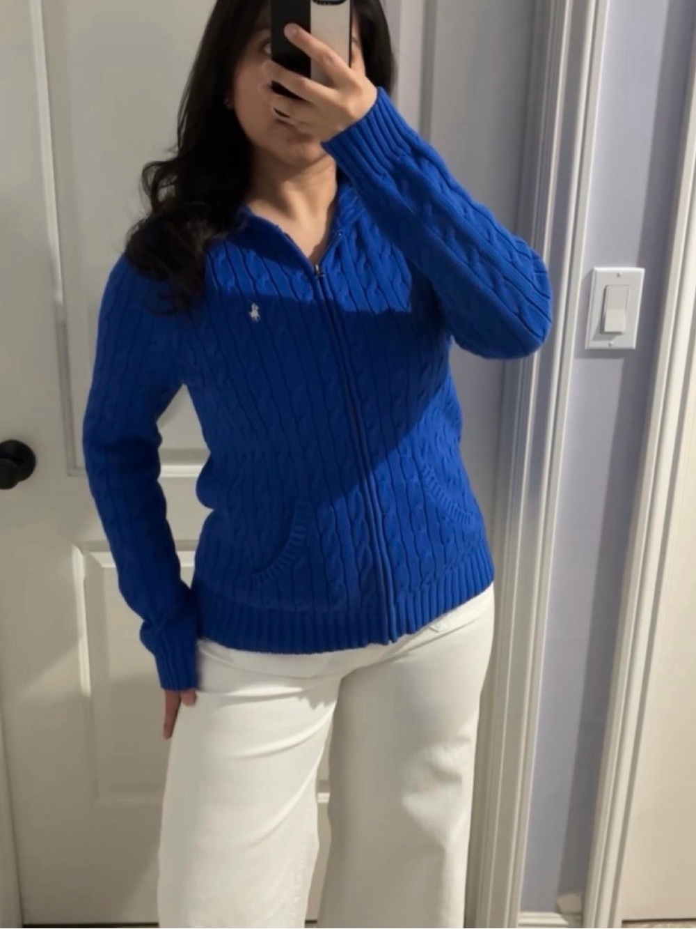 Polo Ralph Lauren Sport Blue Cable Knit Full Zip Hoodie Sweater L